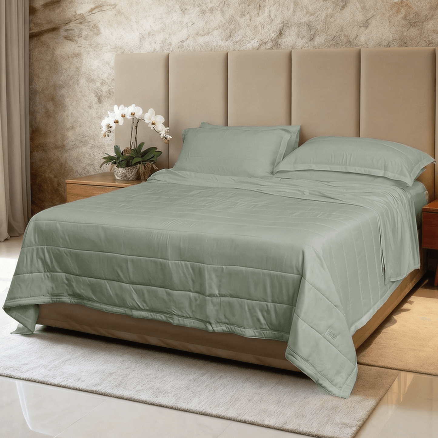 Spring by Rosse™ Bamboo Quilt Set | 300 TC Cooling Quilted Bedspread | Box Stitch Coverlet | 100% Bamboo Rayon Sateen Shell Poly Fill | OekoTex Bedding