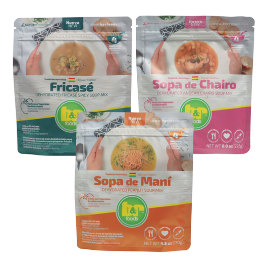 B&R Foods™ Trio Variety Pack – Dehydrated Bolivian Soup Mix – Sopa de Maní/Peanut Soup, Sopa de Chairo/Andean Chairo Soup & Sopa de Fricasé/Fricasé Spicy Soup, 18.20 oz. (516 g.) Doy Pack (Pack of 3)
