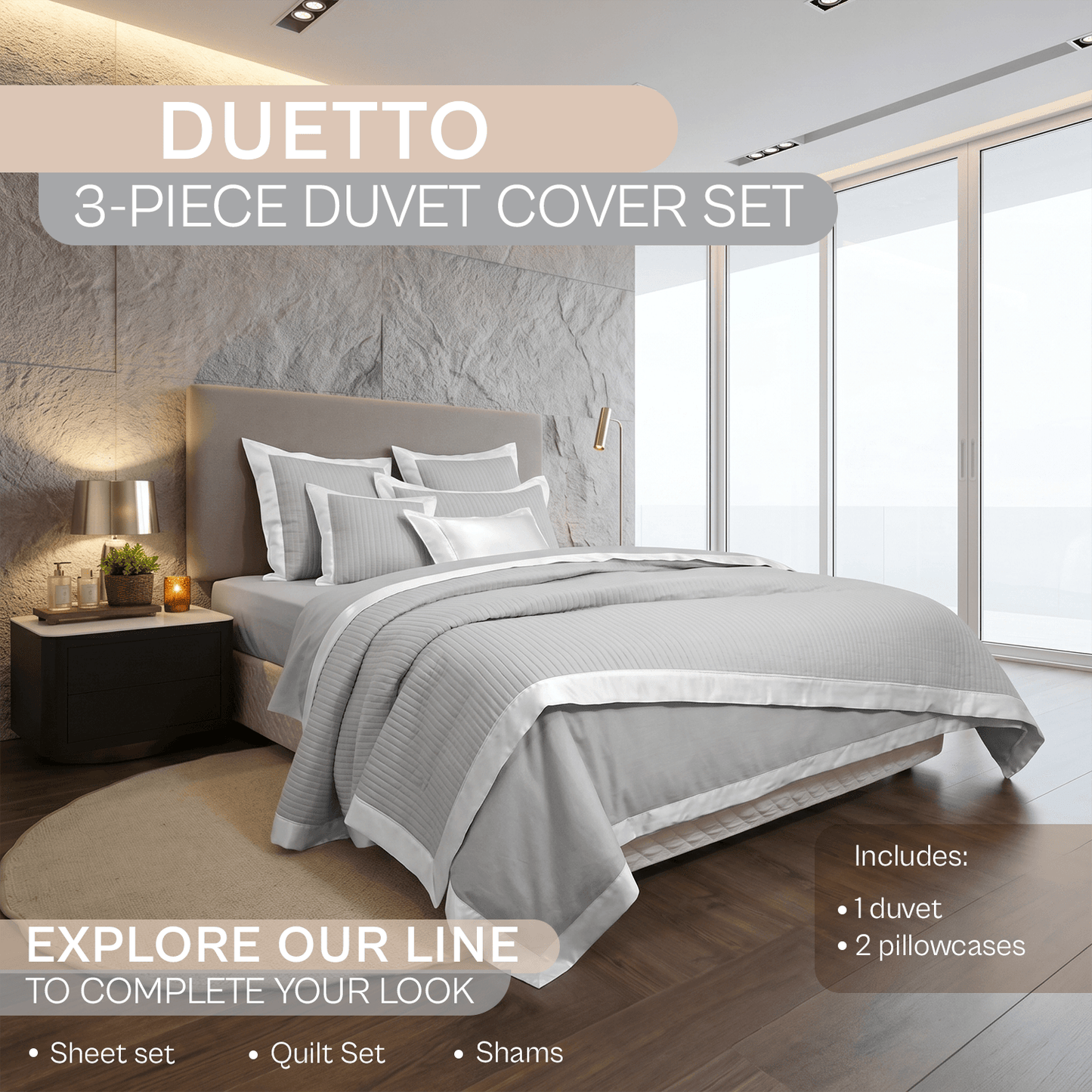 Spring by Rosse™ Duetto Duvet Cover Set | 100% Cotton | 400 Thread Count Sateen | 3 Piece Bedding | Oeko-Tex Certified