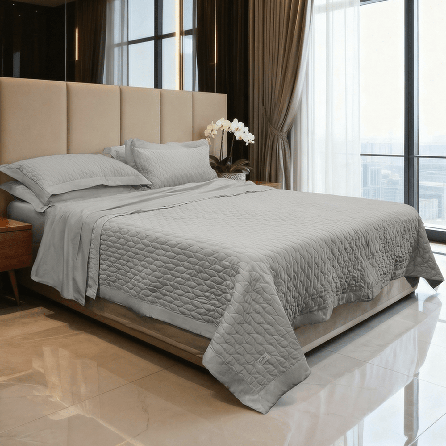 Spring by Rosse™ Sateen Quilt Set | 370 GSM Wave Pattern Quilted Bedspread | Modern Leaf Geometric Coverlet | 400 TC 100% Cotton Sateen Shell Poly Fill