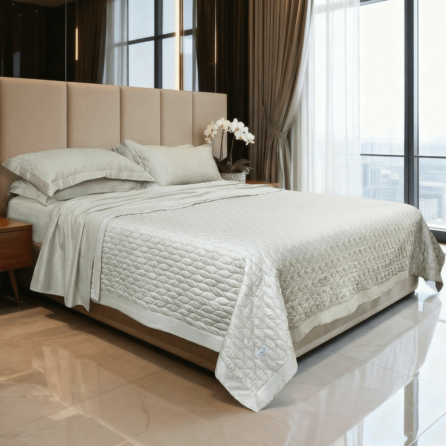 Spring by Rosse™ Sateen Quilt Set | 370 GSM Wave Pattern Quilted Bedspread | Modern Leaf Geometric Coverlet | 400 TC 100% Cotton Sateen Shell Poly Fill